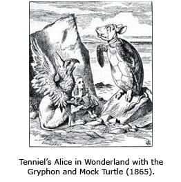 Tenniel’s Alice in Wonderland with the Gryphon and Mock Turtle (1865).