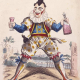 Joseph Grimaldi (1778-1837) in full clown costume, brandishing a bottle of port, his pockets bulging with comic props.